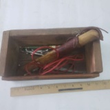 Wood Box Containing Fishing Items, Filet Knife and More