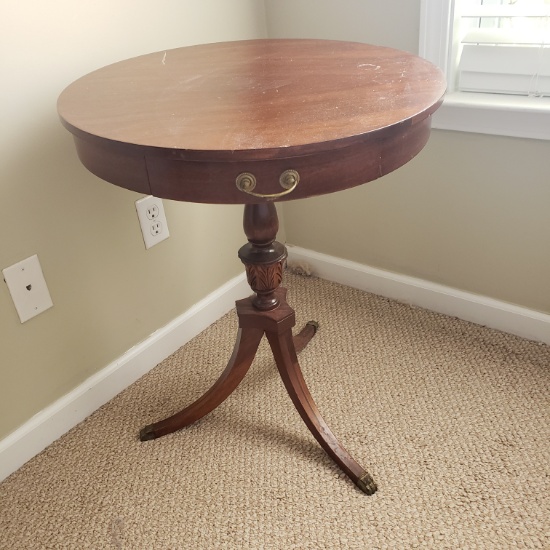 Mahogany Pedestal Drum Table w/ Single Drawer & Brass Claw Feet