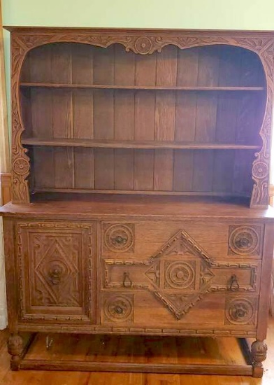Early Exquisite Heavily Carved European Style Hutch made in the Grand Rapids Furniture District