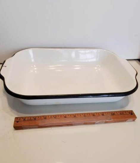 Vintage White Enamel Pan with Black Rim