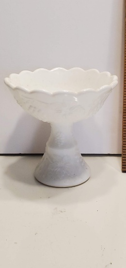 Small Milk Glass Compote With Embossed Grape Design