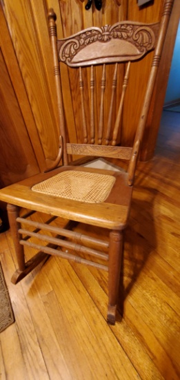 Oak Pressed Back Rocker w/ Spindles & Cane Seat