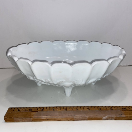 Large Footed Milk Glass Bowl with Embossed Fruit Design