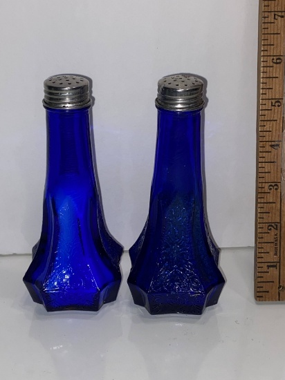 Pair of Cobalt Glass Tall Salt & Pepper Shakers