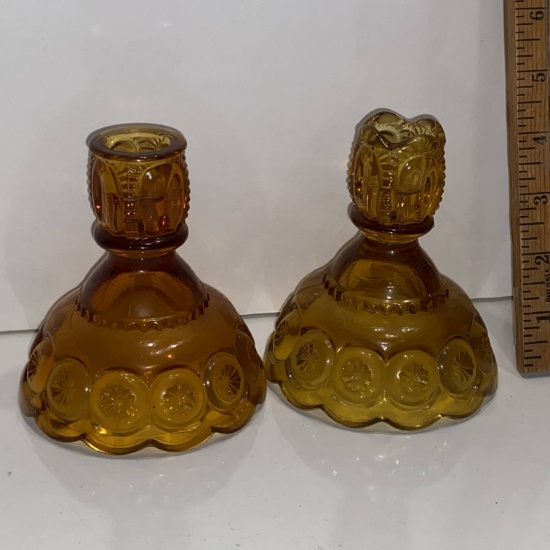 Pair of Depression Era  Amber Glass Pressed Glass Candleholders w/ Wheel Etching