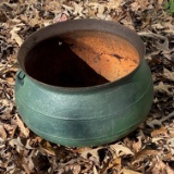 #10 Cast Iron Green Painted Double Handled & Footed Cauldron
