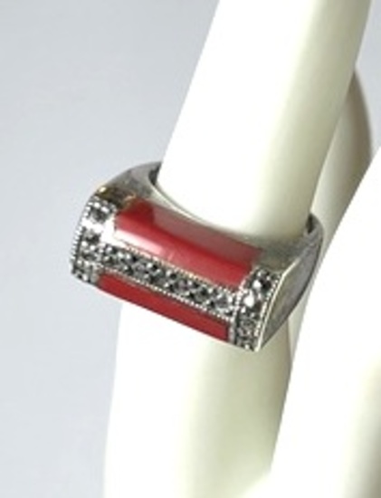 Sterling Silver Ring with Marcasite and Red Stones