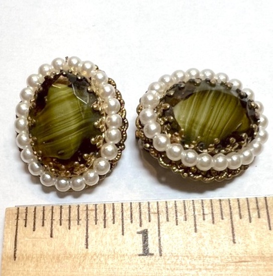 West Germany Pearl Border with Green Stone Clip-On Earrings