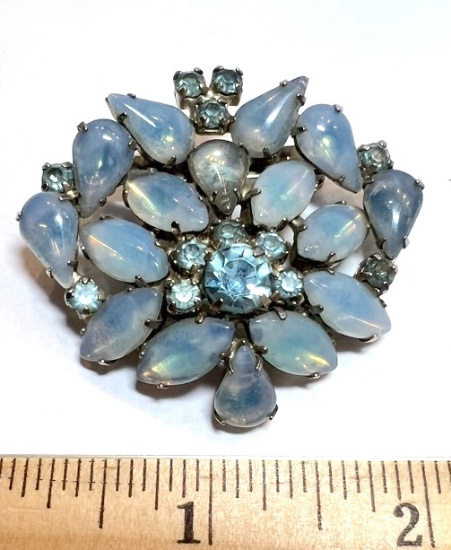 Blue Opalescent Pin Brooch with Teardrop Shaped Stones