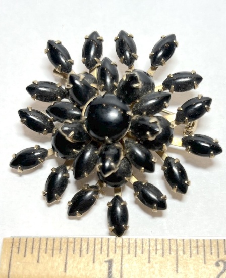 Gold Tone Vintage Brooch with Black Stones