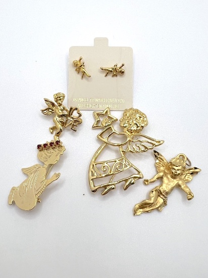 Lot of Gold Tone Angel Pins and Earrings