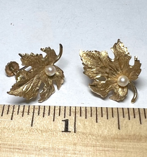 14K Gold Leaf with Pearl Screw Back Earrings