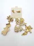 Lot of Gold Tone Angel Pins and Earrings