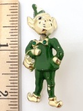 Gold Tone Elf Pin with Springy Neck & Green Outfit