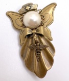 Gold Tone Nurse Angel Pin with Faux Pearl