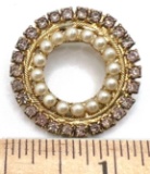 Pretty Vintage Gold Tone Wreath Pin with Purple Stones and Micro Pearls