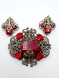 Early Silver Tone Filigree Brooch with Red Stones and Matching Clip-on Earrings