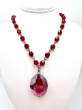 Red Beaded Necklace with Large Red Pendant