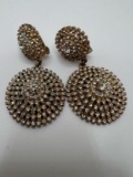 Large Gold Tone Clip-on Dangling Earrings with Clear Stones