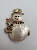 Cute Gold Tone Snowman Pin with Red Stones