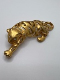 Large Gold Tone Cat Pin with Clear Stones