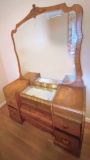 Vintage Oak Waterfall Vanity with Mirror and 5 Drawers