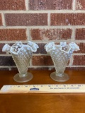 Pair of White & Clear Opalescent Hobnail Moonstone Fenton Vases