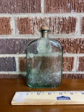 Vintage Aqua Glass Bottle With Embossed Design & Cork