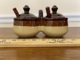 Vintage Tan Brown Stoneware Condiment Set with Wooden Spoons