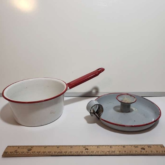 Lot of 2 Vintage Red Trimmed Enamelware, Candle Holder and Pot