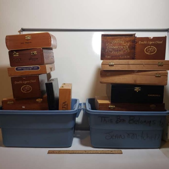2 Small Storage Bins Containing Wood Cigar Boxes