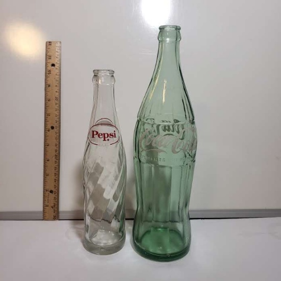 Lot of 2 Vintage Beverage Bottles, 10 Oz Pepsi, 1 Pint 10 Oz Coke