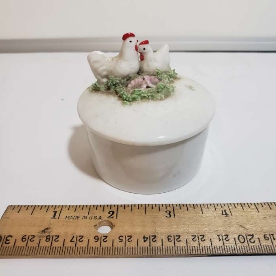 Vintage Ceramic Trinket Box with Chickens on Lid
