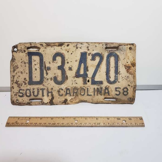 Vintage SC Metal Embossed License Plate, 1958