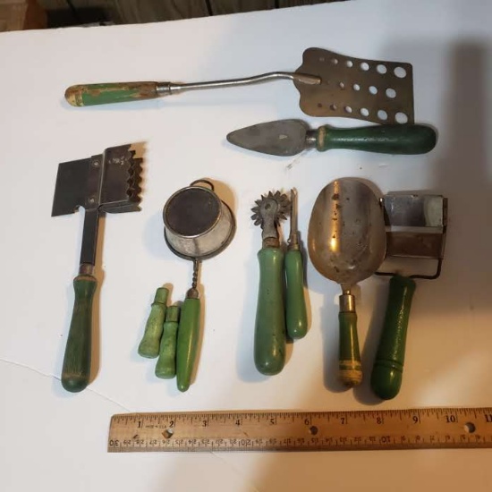Lot of Vintage Green Handle Kitchen Utensils