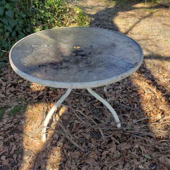 Frosted Glass Top Patio Table with Cast Iron Umbrella Stand