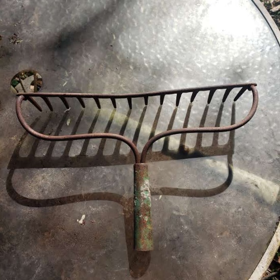 Vintage Metal Rake Head, Green Handle