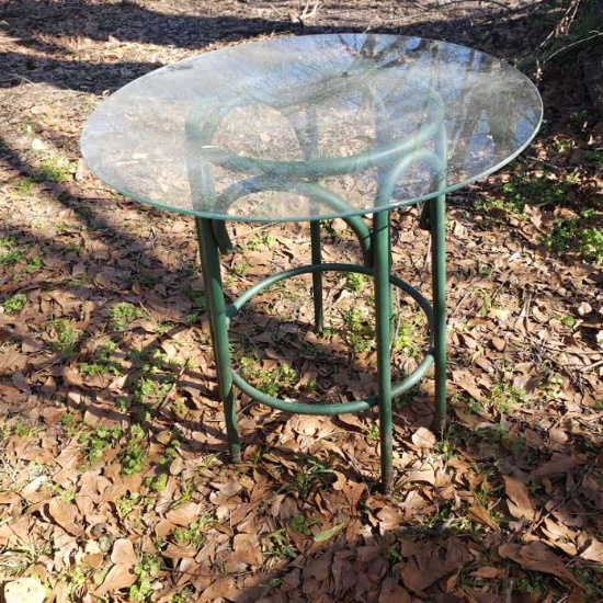 Green Metal Patio Table with Glass Top