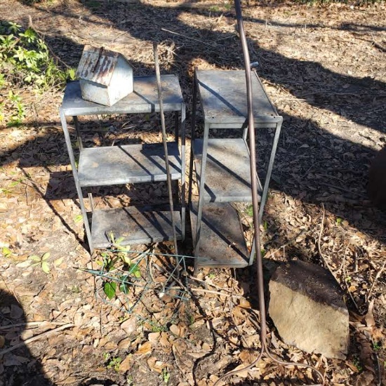 Small Metal Shelves, Rake, Large Rock, Metal Trellis