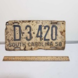 Vintage SC Metal Embossed License Plate, 1958