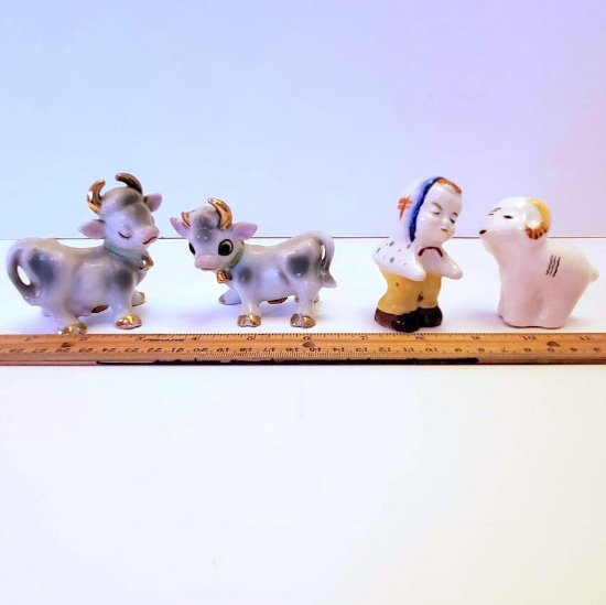 Collectable Salt and Pepper Shakers, Little Bo Peep and 1 of Her Sheep, and 2 Small Cows