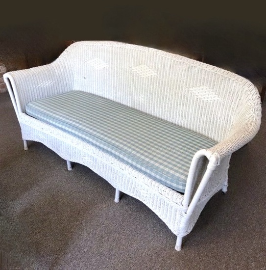 Real Wicker & Wood Sofa with Blue Checkered Cushion