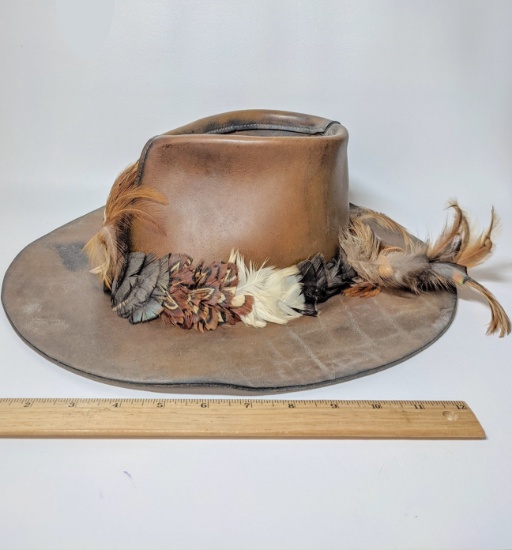 Vintage Leather Cowboy Hat with Feathers