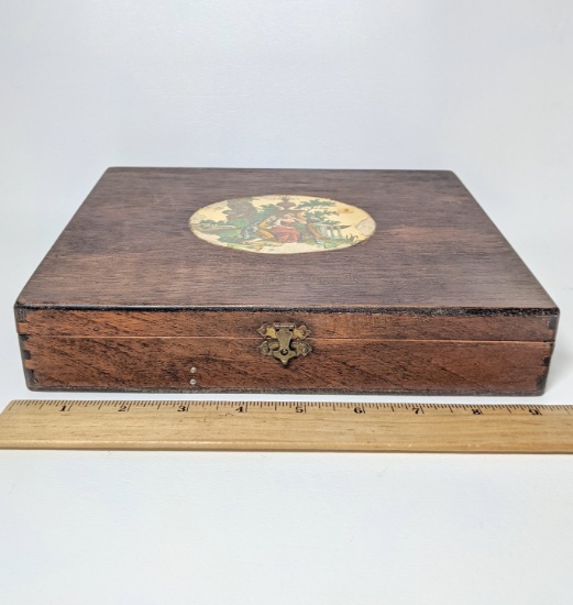 Vintage Wooden Hinged Box with Victorian Scene & Red Lining
