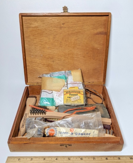 Vintage Collectible Wooden Hinged Box with Various Wire Brushes, Faucet Repair Set, Sand Paper, etc.