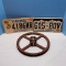 Vintage Cast Iron Pulley Wheel and 2 License Plates