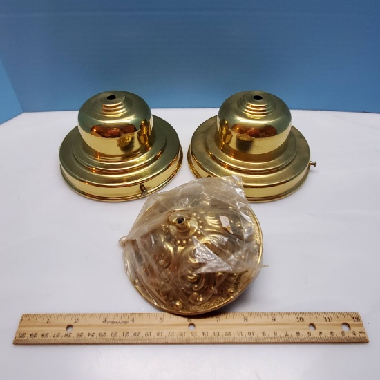 2 New Polished Brass Glass Shade Holders 6” Fitters and New Decorated Brass Canopy, 5” Fitter