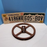 Vintage Cast Iron Pulley Wheel and 2 License Plates