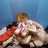 Decorative Oriental Tray, Kimono and Vintage Strap Carved Wooden Shoes