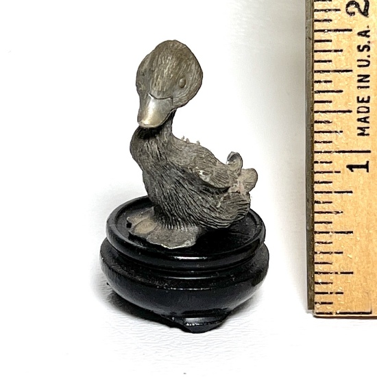 Miniature Pewter Duck Figurine on Miniature Wooden Base